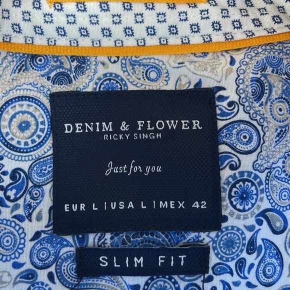 Denim & Flower Ricky Singh Men Dress Shirt SZ L Slim Fit Blue Stripes and Dots - Picture 6 of 11